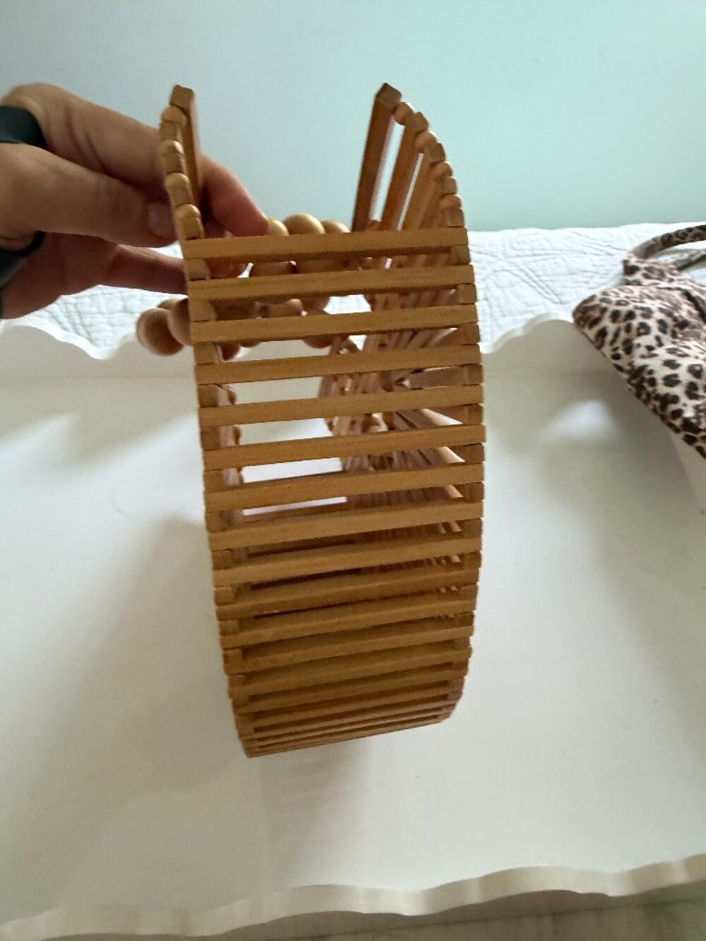 Cult Gaia Style Semi Circle Bamboo Handbag with Oversized Wooden Beaded Handle - Picture 3 of 5